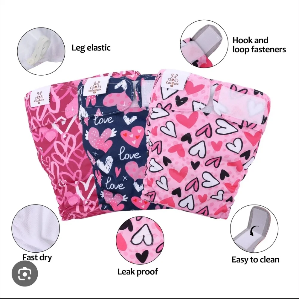 New CuteBone Heart Print Female Dog Reusable Washable Diapers Set X3 No Tail